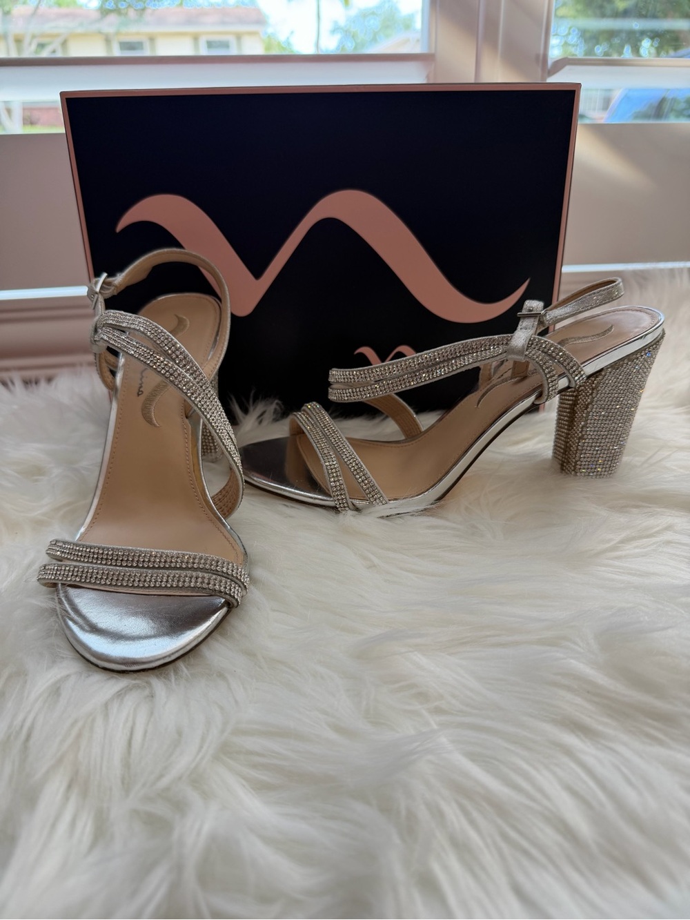 Nina Silver Crystal Block Heel Sandals